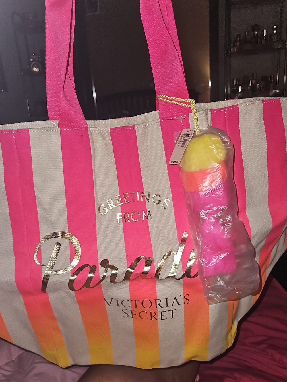 Victoria's Secret Striped Paradise Tote in Pink, Cream & Yellow